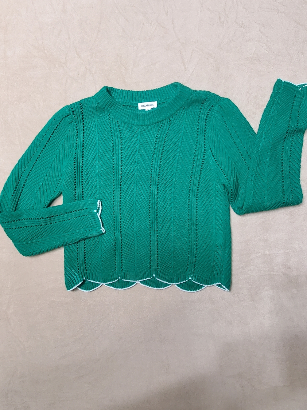 Sugar Lips Green Scalloped Hem Knit Sweater Size Xs